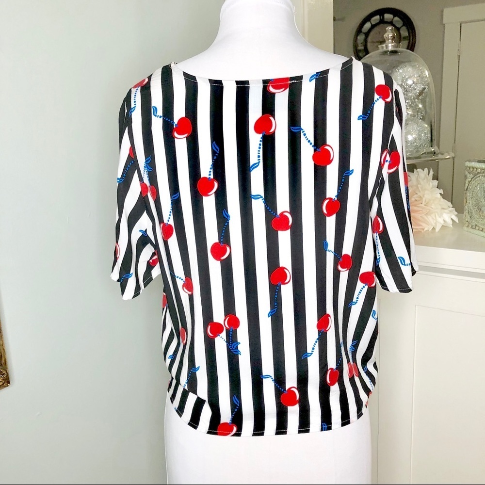 Cynthia Rowley Cherry Stripe Tie Front Top Retro Style Blouse - Picture 5 of 10